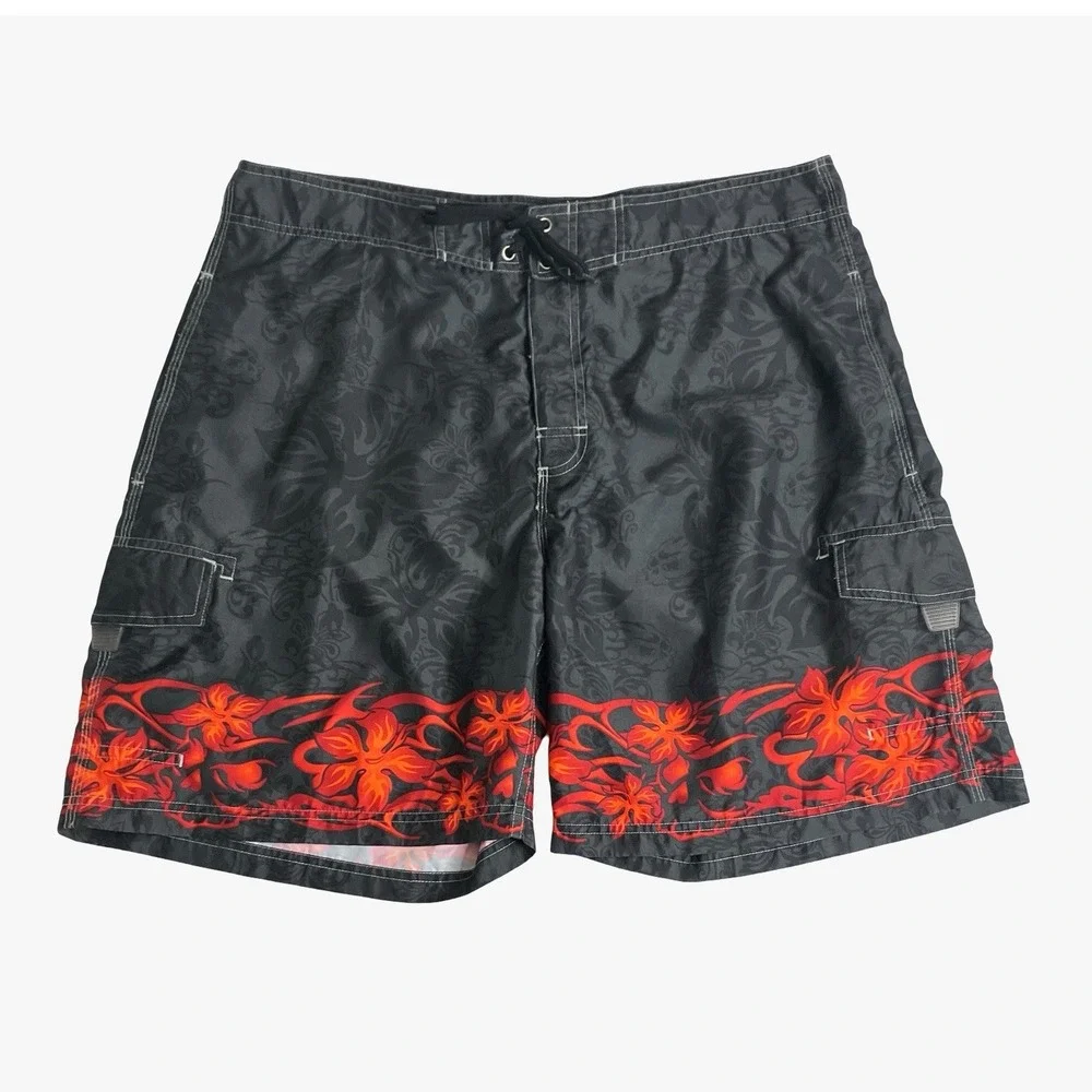 Vintage Y2K No Boundaries Cargo‎ Board Shorts Mens 38 Skull Tribal Floral Surf